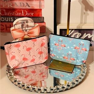 Set of Flamingo Cosmetic Bags in Pink and Blue